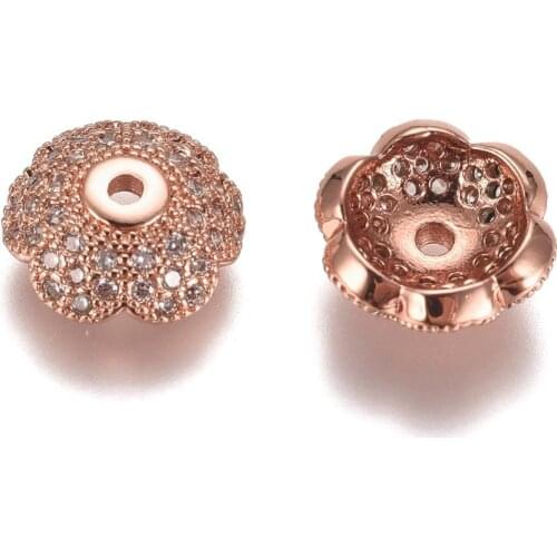 20Pcs 6-Petal Flower Brass Micro Pave Clear Cubic Zirconia Bead Caps Needlework Jewelry Findings Accessories 10x4mm, Hole: 1.2mm