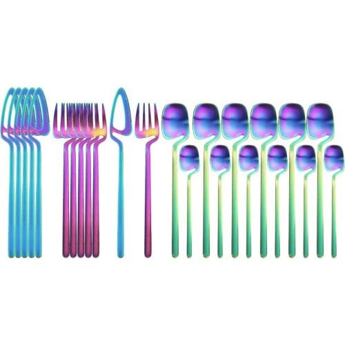 24Pcs Colorful Dinner New Cutlery Set Knife Fork Spoon Dinnerware Set 18/10 Stainless Steel Tableware Set Kitchen Silverware Set