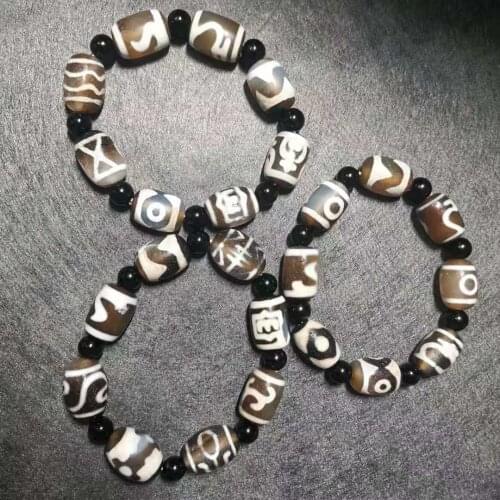 3Pcs/Lot Tibet Collectible Himalaya Mysterious Energy Mens Bracelet Multi Totem Agate Dzi Bead Natural Stone Amulet Water Wave