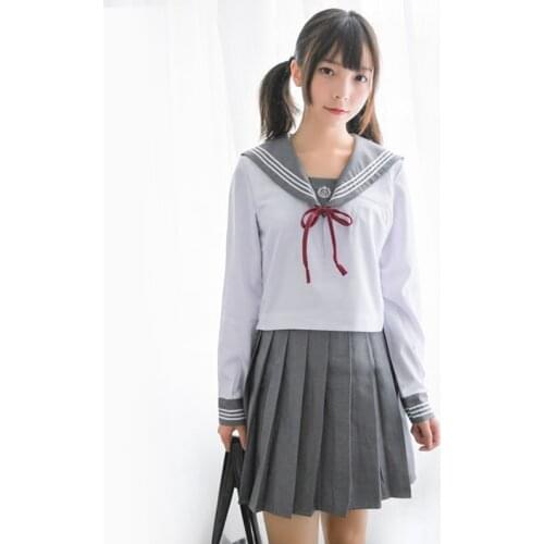 Spring Autumn Gray Color Short/Long sleeve School Girl Dress Uniform With Embroidery S-XXL