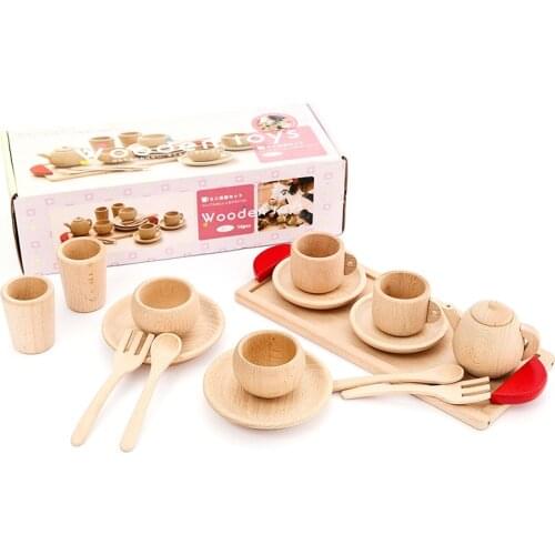 Kids Wooden Kitchen Set Miniature Kitchen Wooden Tea Set Toy Girls Realistic Wooden Cooking Tableware Set