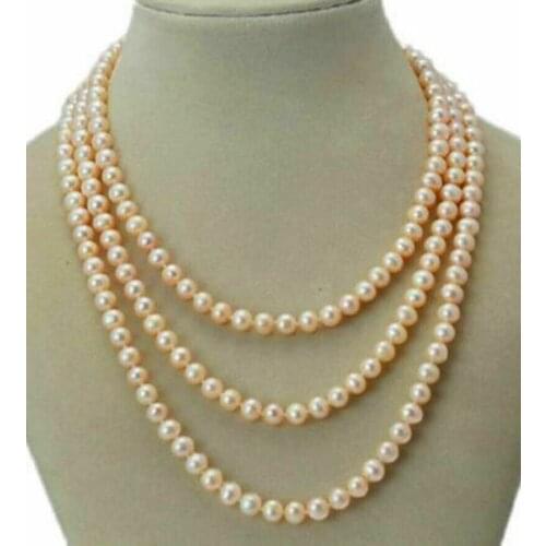 Long 50" 7-8mm 100% Natural Pink Cultured Pearl Hand Knotted Necklace