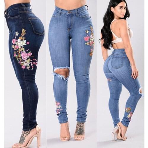Stretch Embroidered Jeans Y2k Women Elastic Flower Jeans Female Slim Denim Pants Hole Ripped Rose Pattern Jeans Pantalon Femme