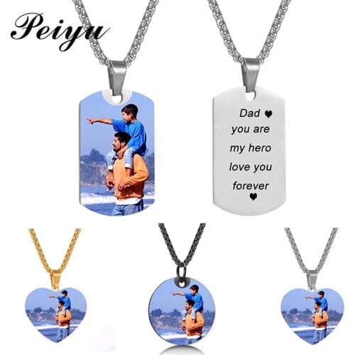 Fathers Day Custom Photo Text Necklace Personalized Nameplate Necklace Stainless Steel 3mm Thick Chain Men Customized Jewelry