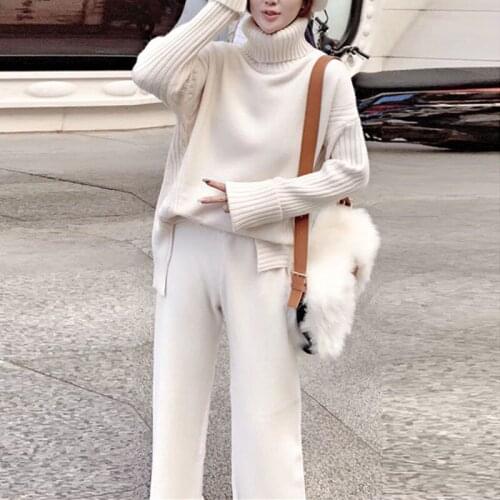 Sweater Set Warm suit for Women Winter Knitted Suits 2 Piece Set Soild Turtleneck Sweater + Loose Trousers Office Lady Suit