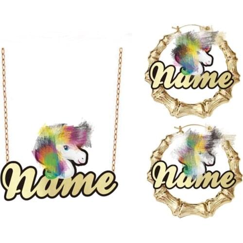 Lateefah Custom Cartoon Character Name Customize Cute Mouse Pink Horse Unicorn Necklace Earrings Set Fashion Jewelry Kids Gift