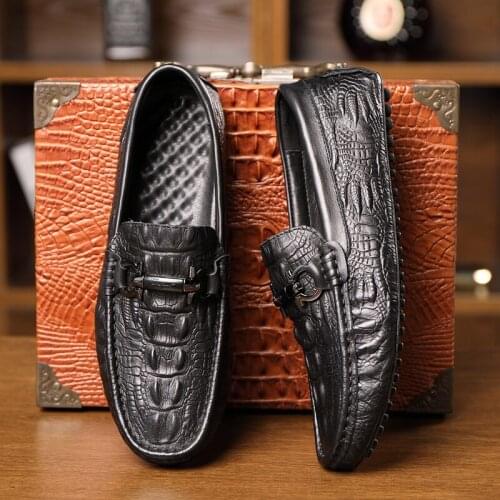 New Men Genuine Leather Summer Alligator Texture Slip-On Casual Shoes Male Loafer Black Flats Luxury Mens Loafers Driving Shoes