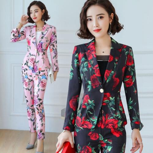 Autumn Pant Suits fashion woman Print suit Set female professional wear overalls two-piece fashion OL Office Lady Pant Suits