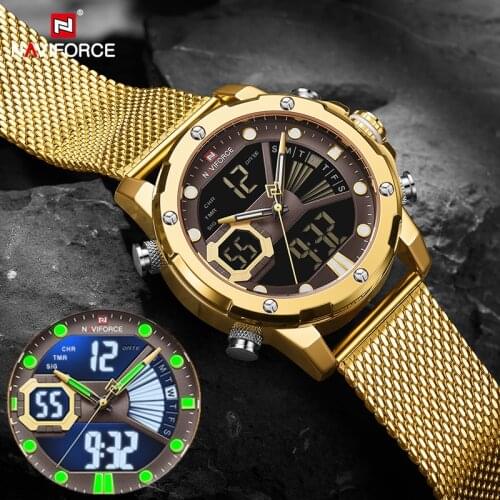 NAVIFORCE Mens Sport Watches Luxury Gold Quartz Steel Strap Waterproof Military LED Digital Wrist Watch Clock Relogio Masculino