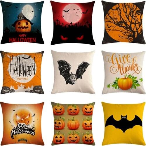 Happy Halloween Cushion Cover Devil Ghost Bats Cotton Linen Witch PillowCase Home Decorative Orange 45*45cm Throw Pillow Cover