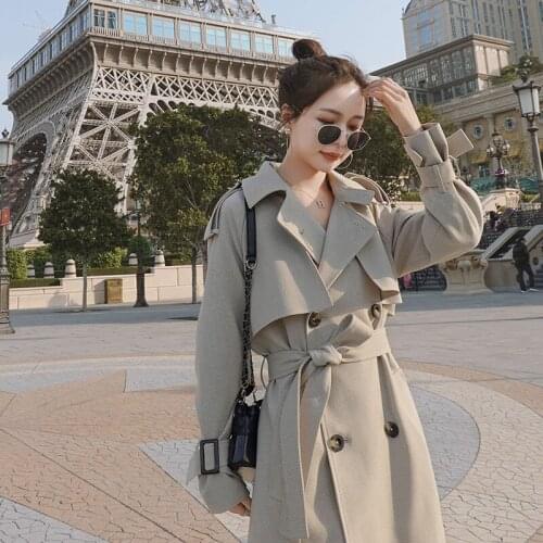 New Autumn Trend Womens Windbreaker Fashion Elegant Waist Belt Loose Double Breasted Long Trench Coat For Women Outwear W2007