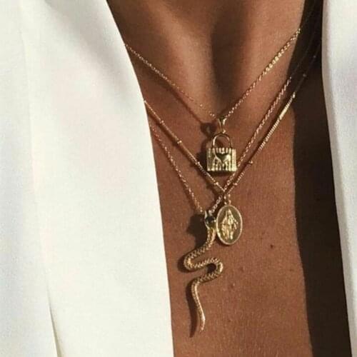 Bohemian Fashion Gold Color Virgin Mary Snake Love Pendant Necklace Set Trendy Lock Geometric Multilayer Party Necklace Jewelry