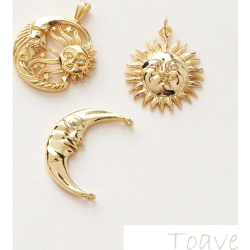14K Gold-Plated Copper Pendant DIY Moon Sun Star Series Necklace Ear Stud Material Accessories 2pcs