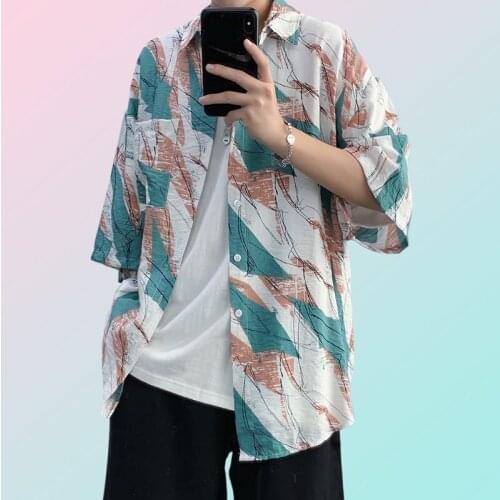 Korean Shirts 2021 Harajuku Button Up Shirt Turn-down Collar Men Shirt Summer Hawaiian Shirt Preppy Style Casual Short Sleeve