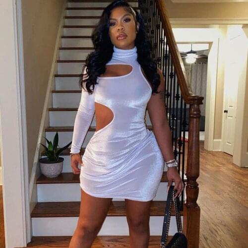 Sexy Hollow Out Velvet Party Night Club Dresses for Women Winter Turtleneck One Shoulder Bodycon Mini Dress Vestito Da Donna