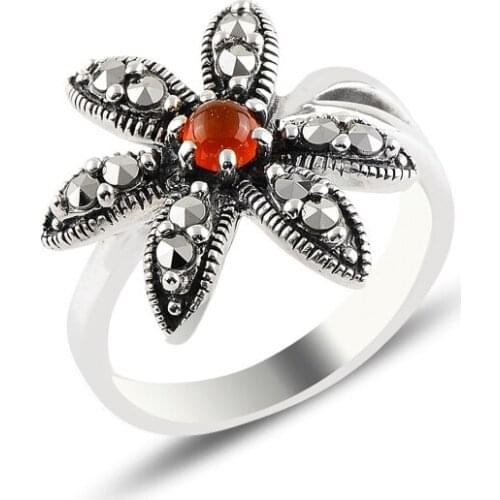 Silverlina Silver Red Agate & Marcasite Ring