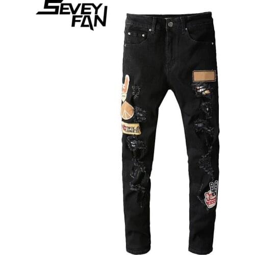 SEVEYFAN Mens Hi Street Badges Patchwork Jeans Skinny Ripped Hole Pencil Denim Pants Streetwear Jean Joggers for Male