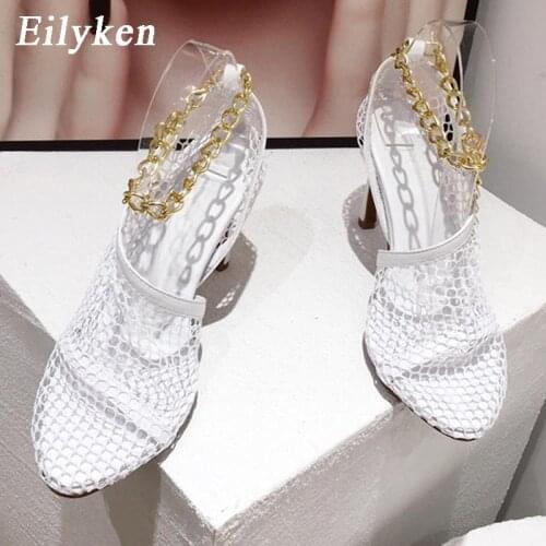 Eilyken Summer Autumn Sexy Mesh chain Pumps sandals Female Round head high heel Chain Stiletto hollow Party Dress Pumps shoes
