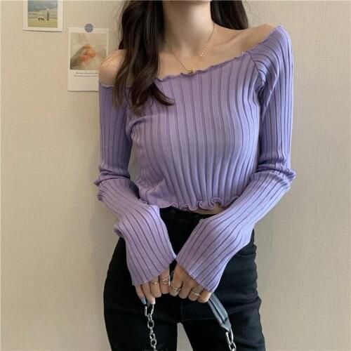 TingYiLi Off Shoulder Crop Top Korean Style Autumn Long Sleeve Knitted Tops Women Elegant Sexy Slim Blue Purple Pink White Top