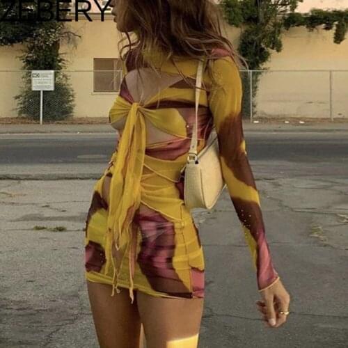 ZEBERY Y2K Aesthetics Printing Sexy Hollow Out Bandage Front Party Dresses Vintage E-girl O-neck Transparent Long Sleeve Dress
