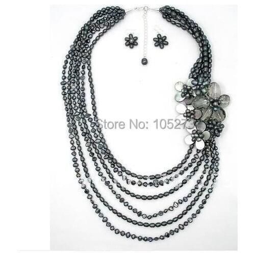 Pearl MOP Shell Crystal Glass 6 Strands Flower Layered Necklace / Earrings Set 24''inchs Fashion jewelry New Free Shipping FN839