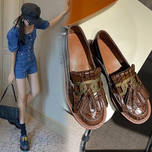 2021 Spring Autumn New Black Genuine Leather Slip-on Retro Fringe Tassel Sweet Casual Flats Platform Shoes Lady Women Loafers