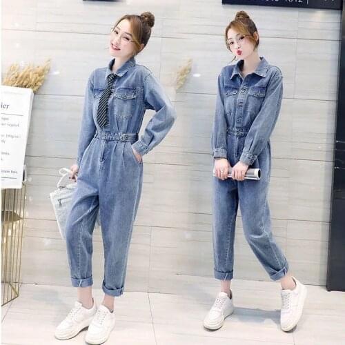 Women 2021 Spring Autumn Jumpsuits Female Lapel Casual Denim Jeans Pants High Waist Playsuit New Lady Long Sleeve Overalls Y151