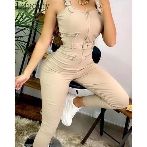 Women Buckled Zipper Pocket Design Suspender Jumpsuit