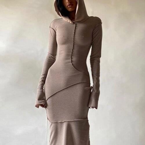 2021 Long Sleeve Hooded Patchwork Skinny Maxi Dress Autumn Winter Fashion for Women Bodycon Dresses Streetwear Casual Outfits