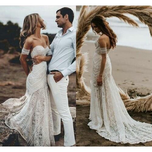 Bohemian Mermaid Beach Wedding Dresses Crochet Cotton Lace Vestidos De Novia Hippie Country Bridal Dress with Remove Sleeve