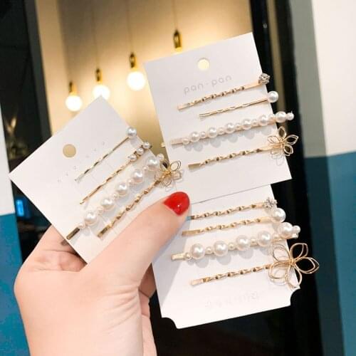4Pcs/Set Women Girls Elegant Imitation Pearls Geometric Hairpins Sweet Hair Ornament Clips Barrettes Fashion Hair Accessories