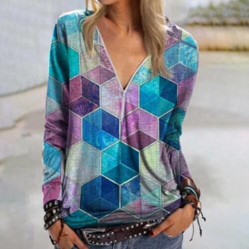 Fashion Geometric Print Cotton Satin Silk T-Shirt Vintage T-shirts Women Lady Long Sleeves Zipper V Neck Female Loose Street Tee