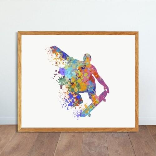 Skateboarder Canvas Art Prints and Poster Sports Jumping Trick Watercolor Art Painting Wall Picture Boys Room Decor