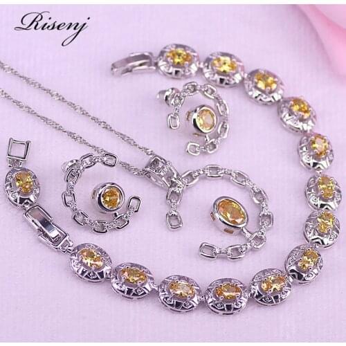 Sparking Yellow Zircon Silver Costume Jewelry Stud Earrings Necklace With Bracelet Set Anniversary Gift T54