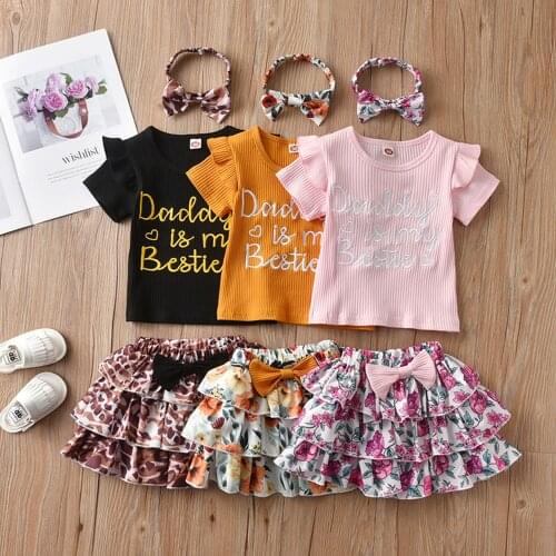 1-3Y Summer Infant Girls Clothes Sets 3pcs Letter Printed Short Sleeve T Shirts Bow Ruffles Skirts Headband