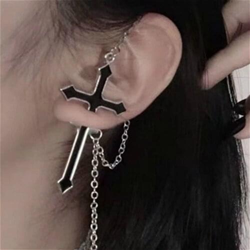 Kpop Cross Earrings For Women Girls Punk Jewelry Vintage Gothic Earrings Piercing Ear Cross Long Tassel Chain Hip Hop