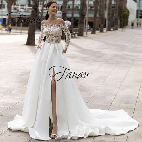 Scoop Neck Long Sleeve Lace Appliques Wedding Dress Beading Sequined See-Through Front High Split Bridal Gown Customize платье