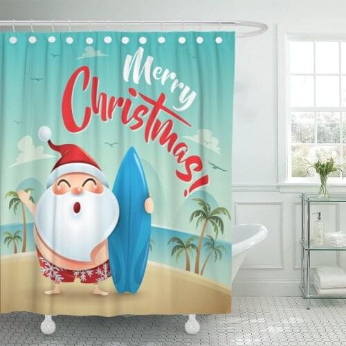 Summer Merry Christmas Santa Claus Beach Holiday Swimsuit Travel Shower Curtain Waterproof Polyester 60 x 72 inches Set
