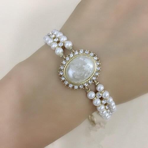 Hot Brand Gold Color Fashion Jewelry For Women Flower Pearls Chain Bracelet Fashion Praty Jewelry Vintage Design Big Width Cuff