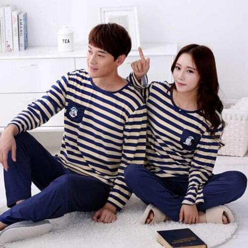 Hot Sale Fashion Soft Spring Striped Cotton Couple Pijamas Sets Sleepcoat & Trousers Men Women Home Clothings Sleepwear Lovers