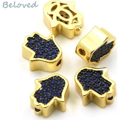 Petite Fatima Hamsa Hand Micro Pave Cubic CZ Zirconia Spacer Beads, Blue/Fuchsia CZ Zircon Inlaid Bracelet Findings, BG18172