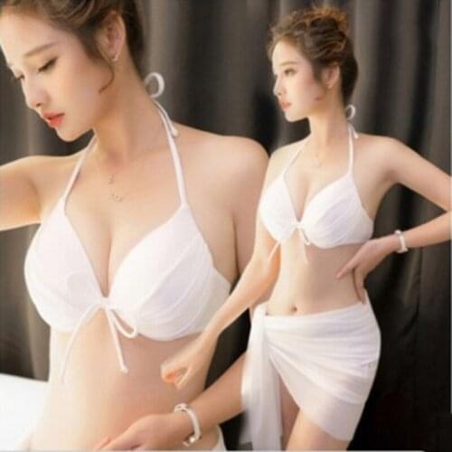2020 new Korean bikini three-piece set white striped yarn slender gather womens swimsuit beach sports free service
