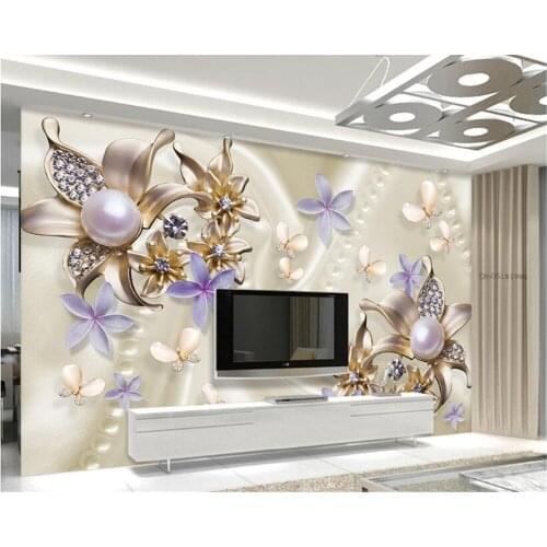 Beibehang Custom wallpaper pearl diamond flower butterfly romantic living room bedroom TV sofa background wall 3d wallpaper