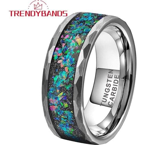 Hammered Men Women Tungsten Carbide Ring Multi Facet Wedding Band With Galaxy Series Opal Inlay Flat Width 8MM Comfort Fit