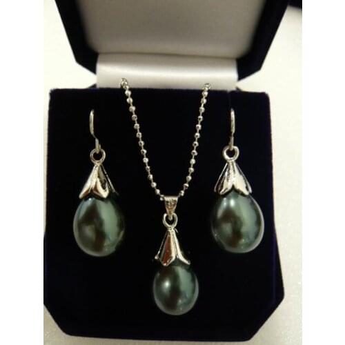 Wholesale good wholesale 12*16mm water drop black shell pearl beautiful design earrings & pendant necklace jewelry set