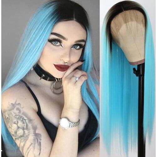 Oxeely Long Straight Lace Wig Heat Resistant Glueless Ombre Blue Straight Synthetic Lace Front Wigs for Fashion Women