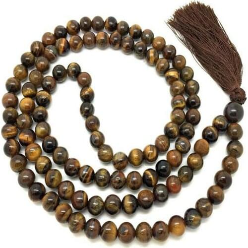 6MM Tigers-eye Necklace 108 Beads Tassels Yoga Bless Buddhism Mala Reiki