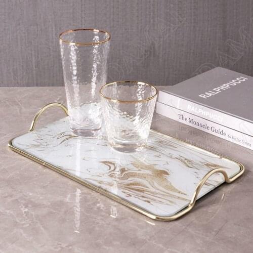 European Metal Frame Mirror Storage Tray Marble Texture Living Room Desktop Tableware Organizer Home Afternoon Tea Dessert Trays