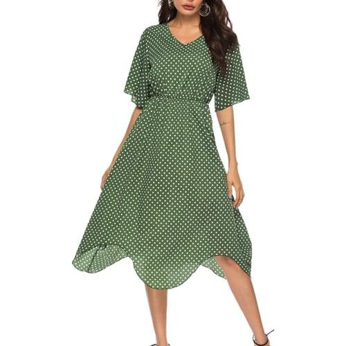 Summer Print Chiffon Beach Dresses Women V-Neck Short Sleeve Striped Leopard Polka Dot A-Line Midi Bohemian Dress New Fashion