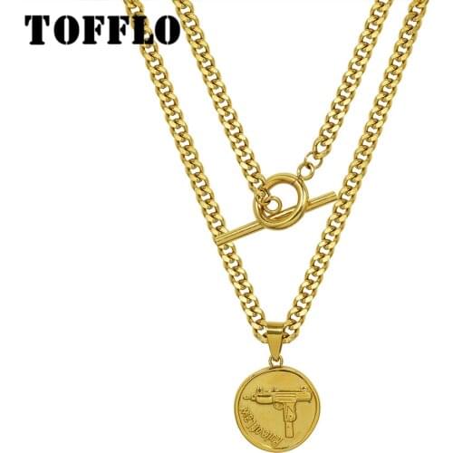 TOFFLO Stainless Steel Jewelry Thick Chain Round Gun Pendant Necklace Womens Fashion OT Button Double Clavicle Chain BSP1107